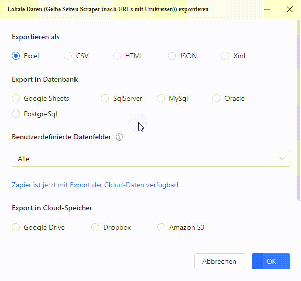 Der Datenexport-Bildschirm von Octoparse mit Optionen für Excel, CSV, Datenbanken und Cloud-Speicher