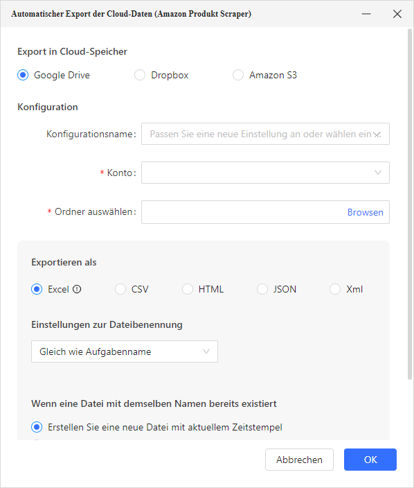 Einrichten eines Cloud-Speicherziels und des Exportformats