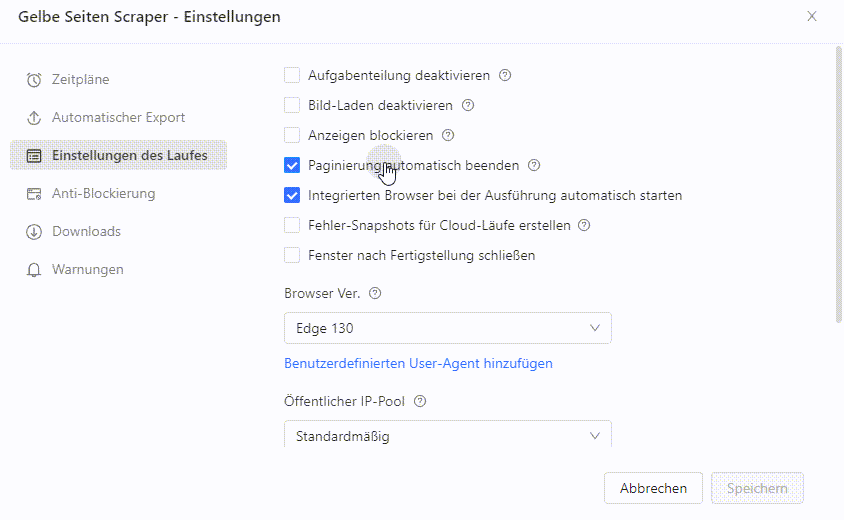 Der Bildschirm mit den Laufeinstellungen einer benutzerdefinierten Aufgabe für integrierten Browser, Cloud-Server-Gruppen und inkrementelle Extraktion
